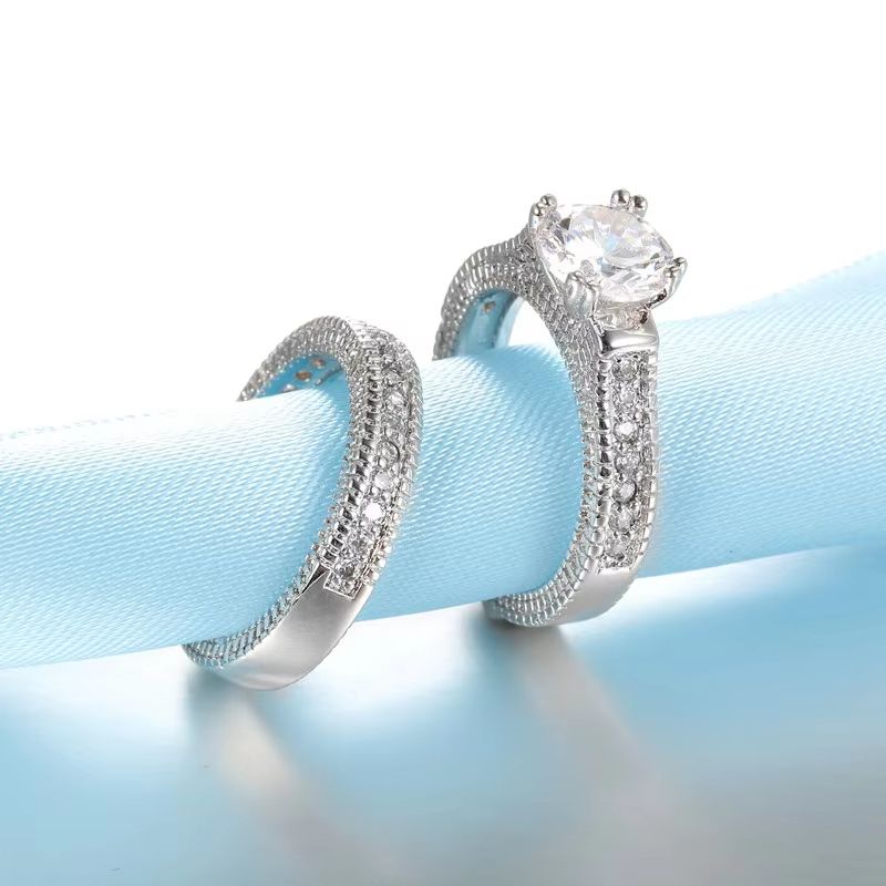 Elegant 925 Silver Wedding Engagement Couple Rings Set