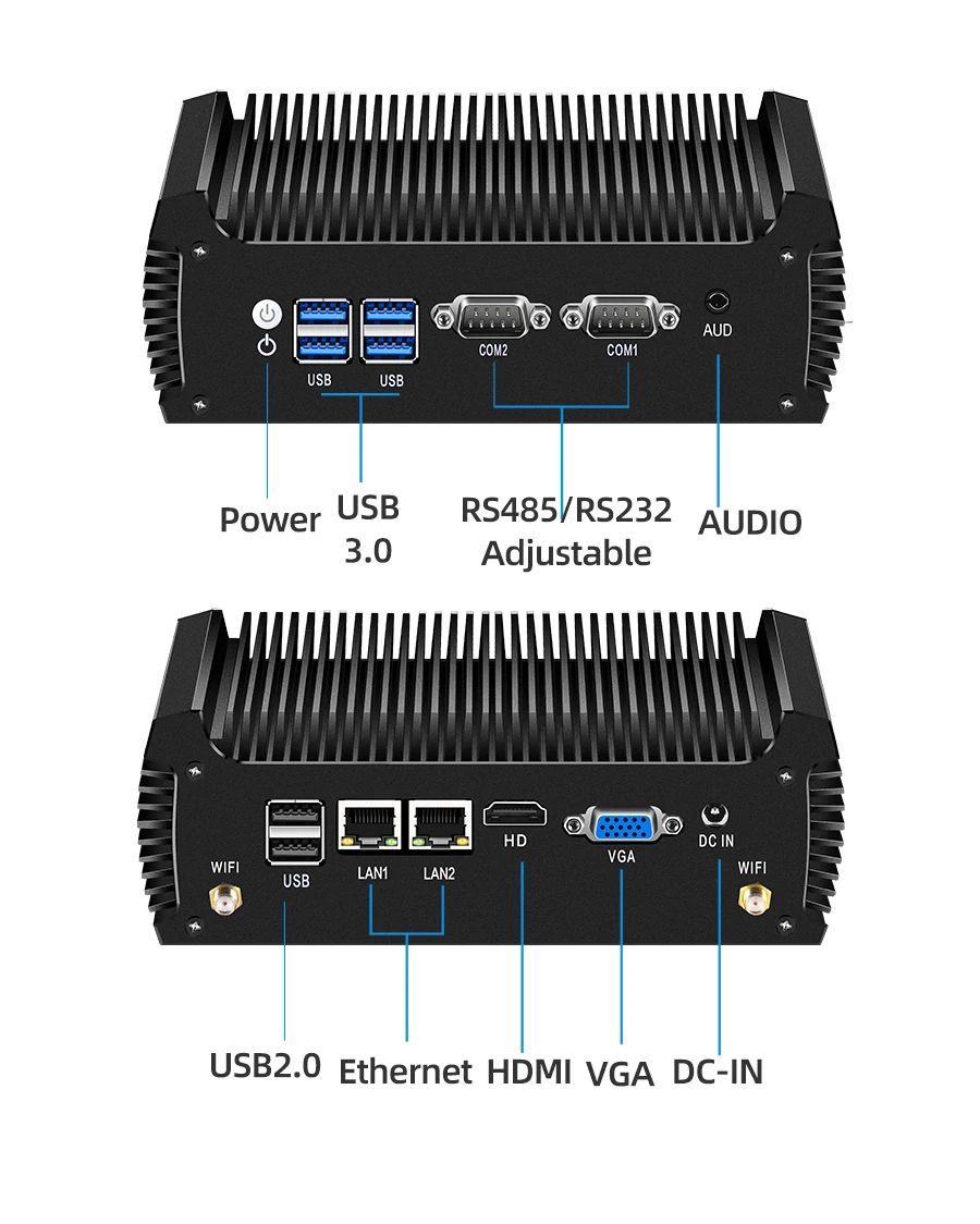 XCY Fanless Industrial Mini PC with Intel i7, Dual LAN & RS232