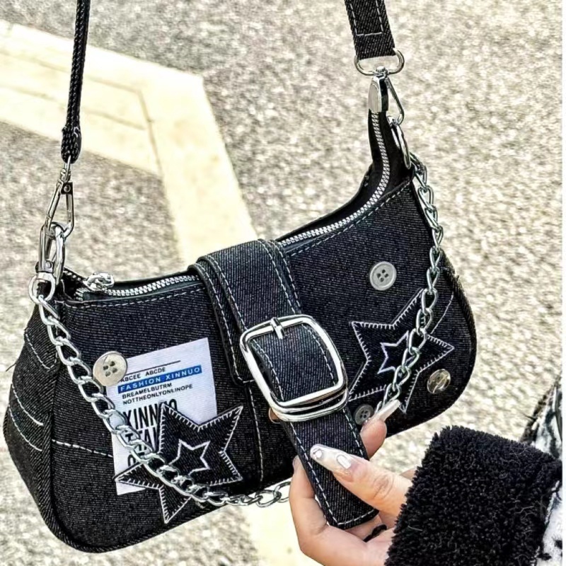 Vintage Star Pattern Canvas Underarm Bag for Women Retro Shoulder Chain Purse
