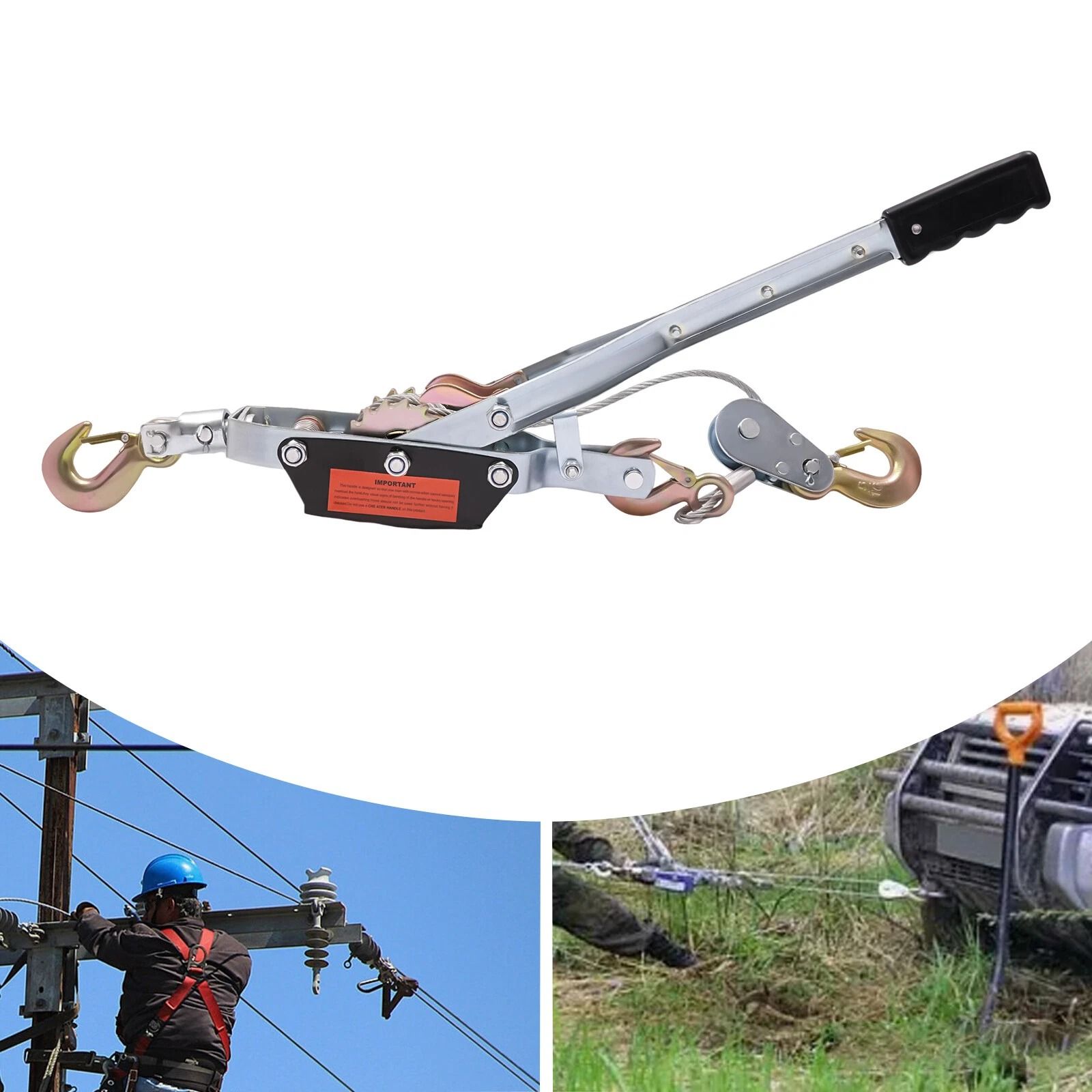 Heavy Duty Hand Puller Hoist, 5 Ton Cable Winch with 3 Hooks