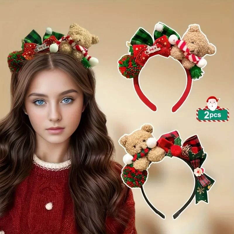 Christmas Bear Headband with Festive Bow Plush Holiday Hair Accessory for Women