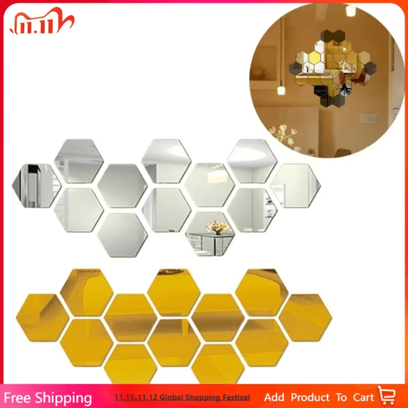 12PCS Hexagon Mirror Wall Stickers – Acrylic Self-Adhesive 3D Mosaic Decor Tiles