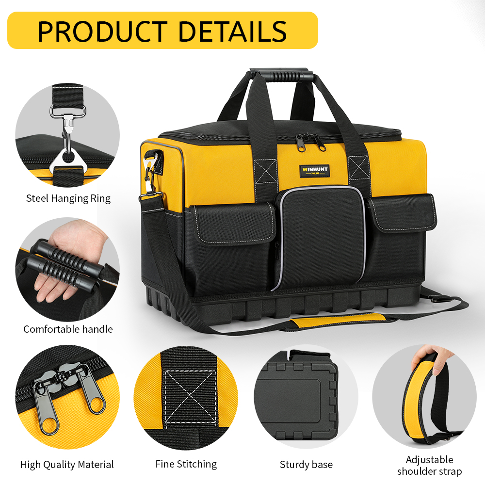Durable Polyester Heavy-Duty Tool Bag with Wide Mouth & Waterproof Base, Adjustable Shoulder Strap