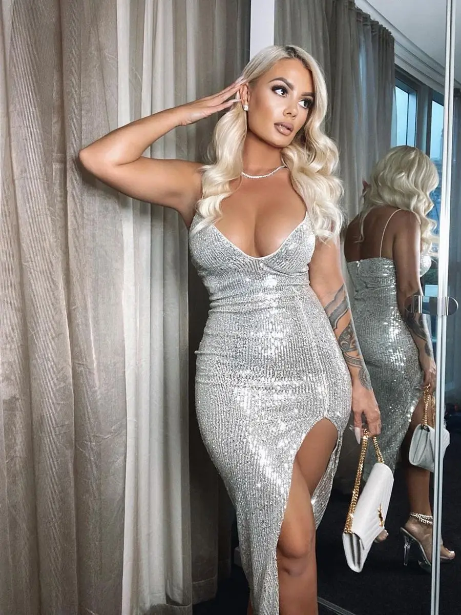 Silver Sequined Glitter Deep V-neck Bodycon Long Dress, High Split, Thin Spaghetti Straps