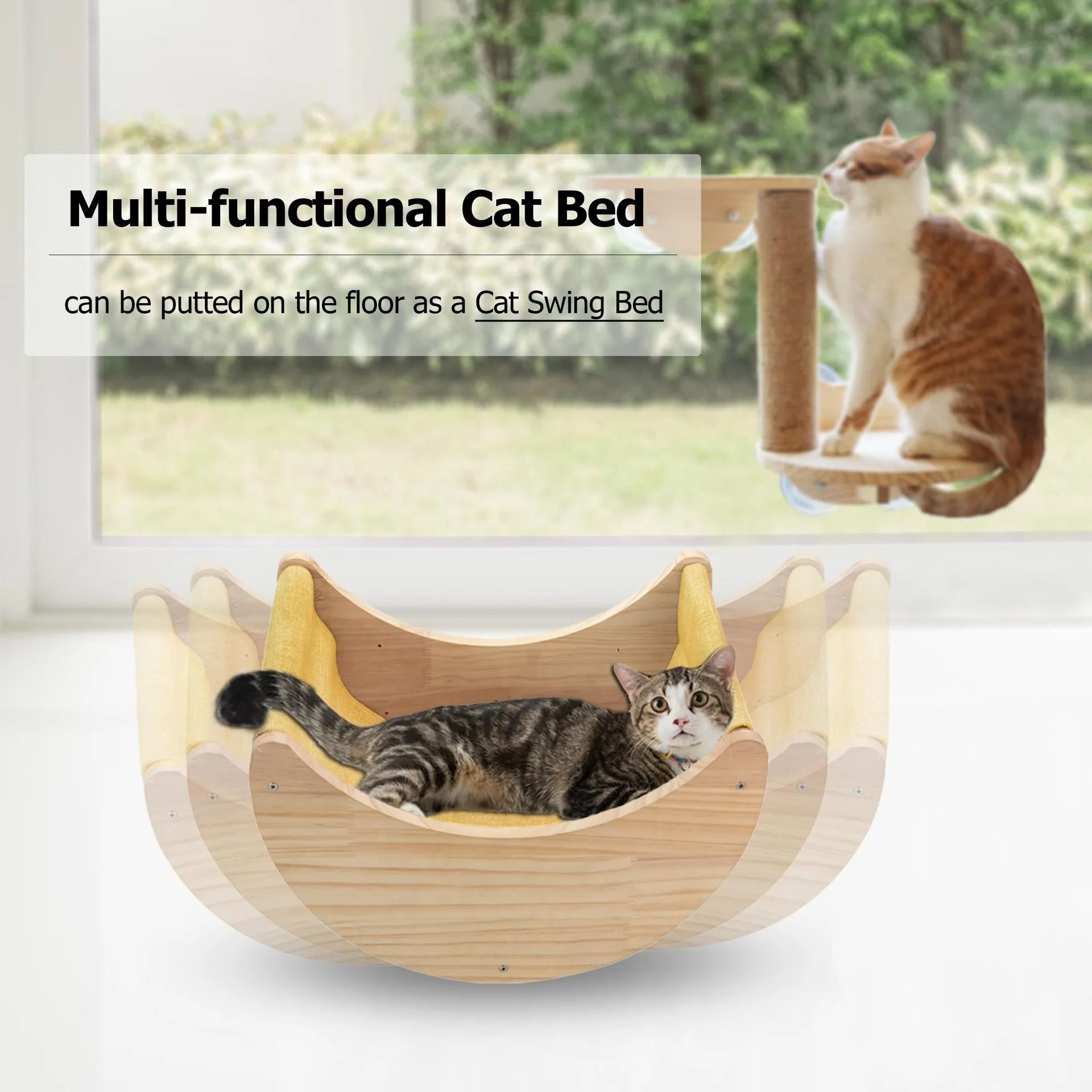 Wooden Cat Window Hammock with Strong Suction Cup Mount
