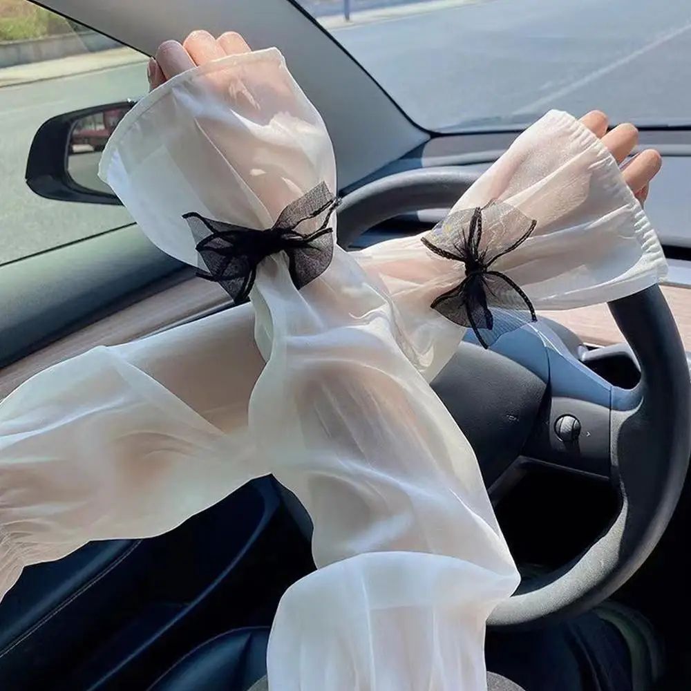 Ice Silk UV Protection Sheer Arm Sleeves with Bow Tie – Lolita Fingerless Sunscreen Gloves for Women