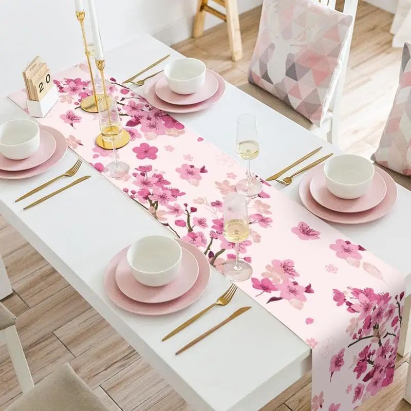 Cherry Blossom Linen Table Runner for Elegant Dining