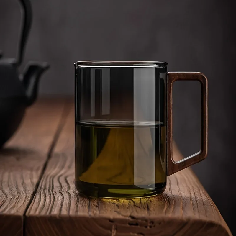Glass Cups, Walnut Handle, Heat-resistant Mug, Large Capacity, Tea Making Cup, Office Drinking Glasses