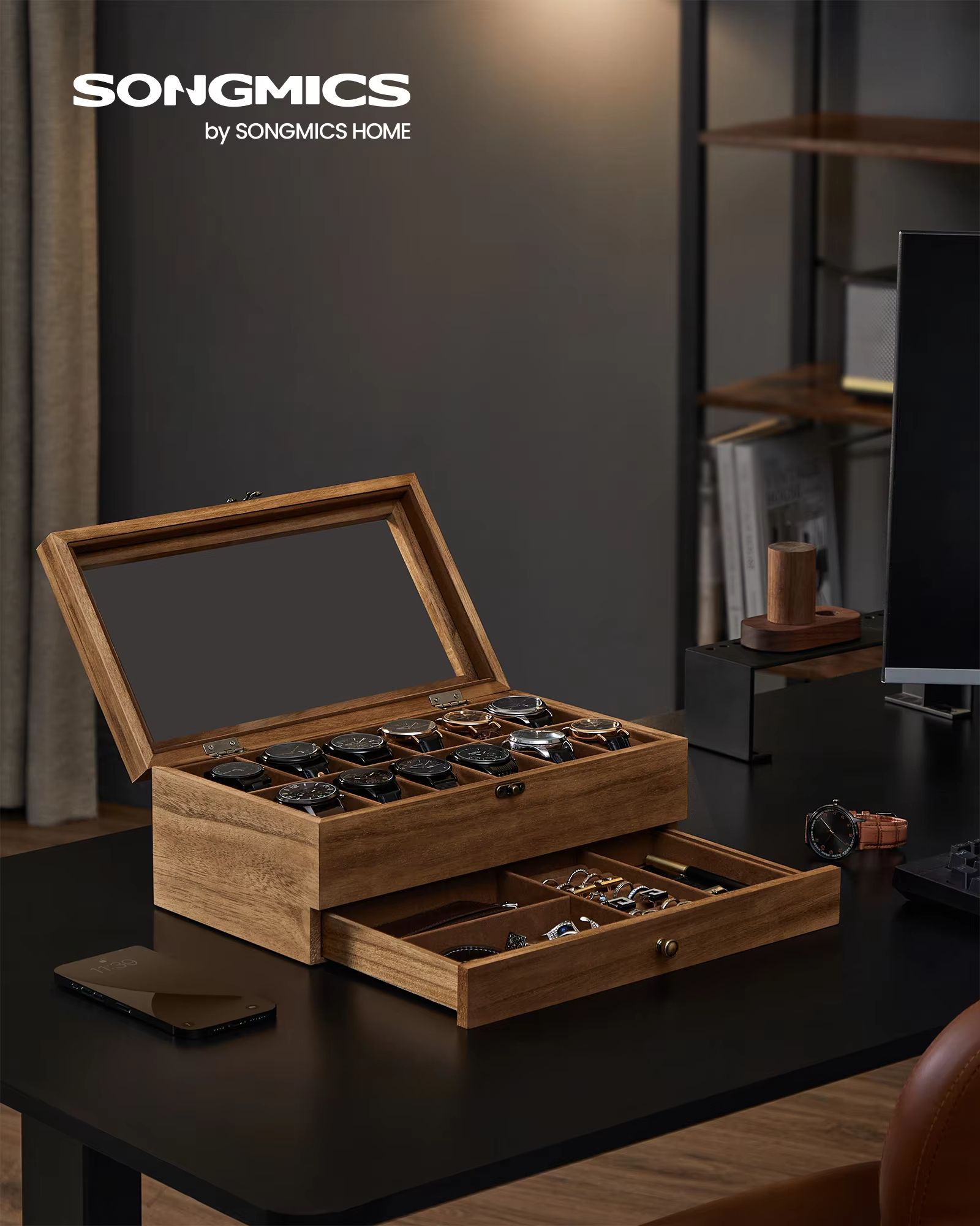 Watch Display Box 12 Slot Organizer with Glass Lid 2 Tier Jewelry Storage Case for Men and Women