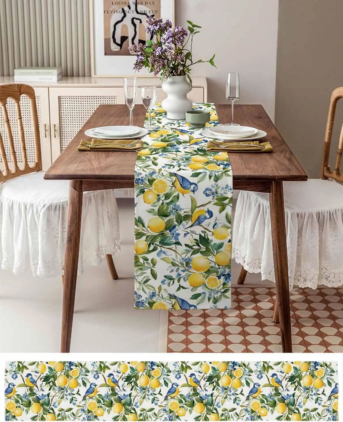 Lemon Tree & Blue Birds Linen Table Runner – Vintage Watercolor Floral Decor for Holiday Parties & Dressers