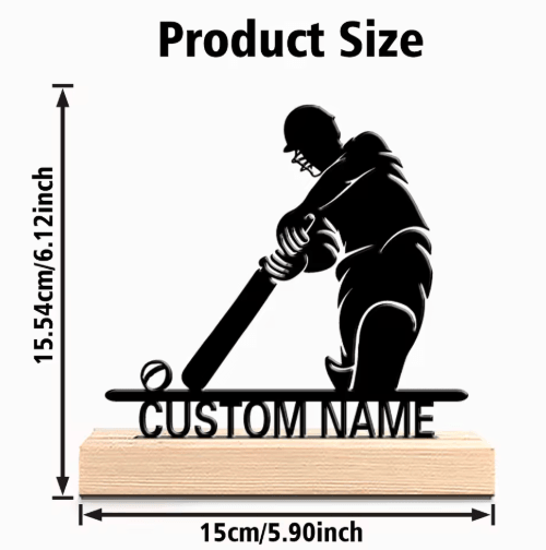Personalized Cricket Player Metal Art Statue with Wooden Base Custom Sports Gift Decor