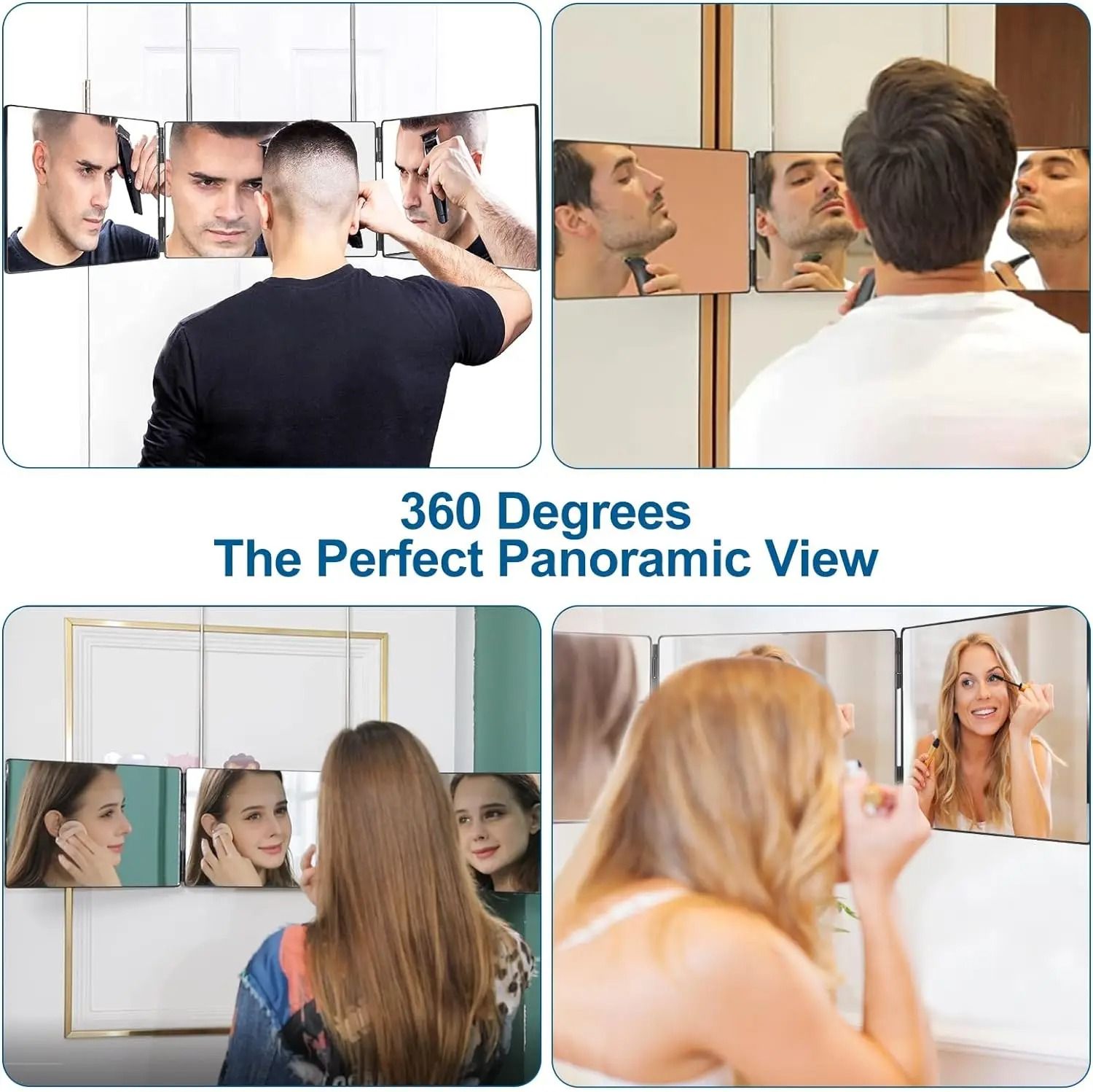 Black Portable 360 Degree Trifold Mirror with Adjustable Telescoping Hooks for Self Hair Cutting and Makeup