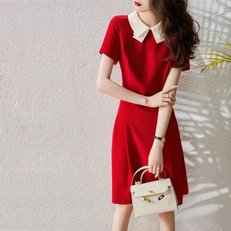 Elegant Red A Line Dress Doll Collar Slim Fit Women Dress Soft Vintage Style Red Dress