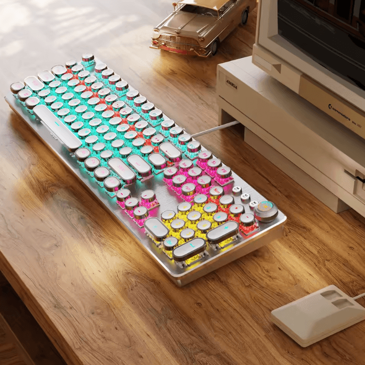 EWEADN Retro Punk Typewriter Blue Switch Mechanical Keyboard with All Metal Panel Wired USB for Gaming and Office