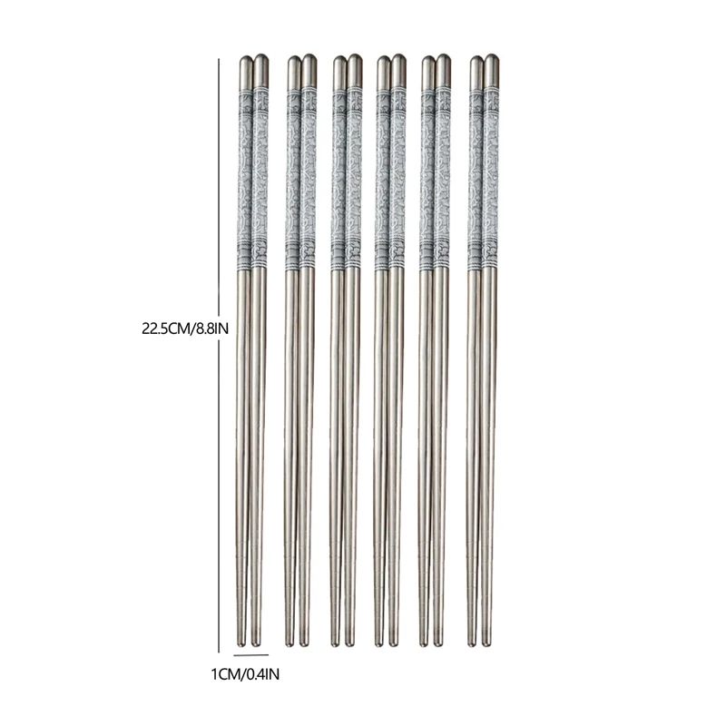 6 Pairs Stainless Steel Chopsticks Set – 8.8in Reusable Non-Slip Metal Chopsticks with Blue & White Design