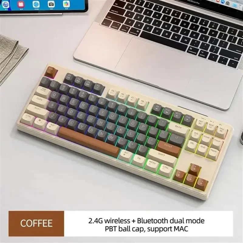 Wireless Keyboard Gaming, Dual Mode Bluetooth Keyboard with Rainbow Light RGB, PBT Ballcaps Silent Office Gaming