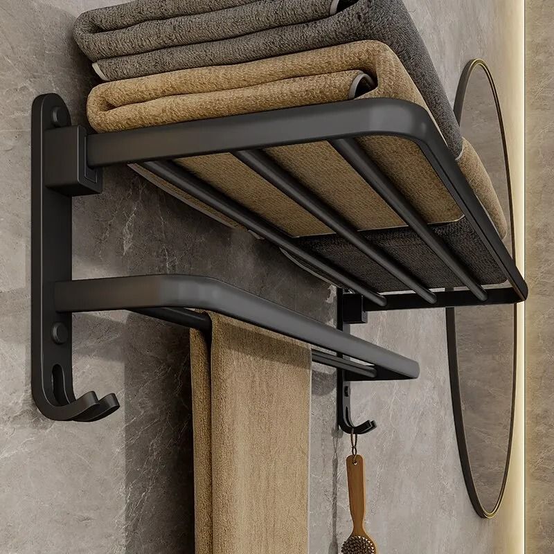 50CM Folding Towel Rack Wall Mount Aluminum Bathroom Towel Holder with Hook