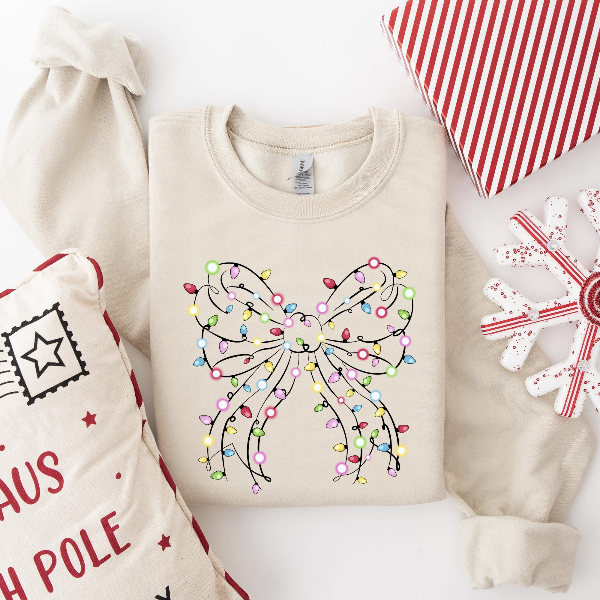 Christmas Lights Coquette Bow Sweatshirt | Funny Holiday Bow Graphic Crewneck Womens Festive Xmas Pullover