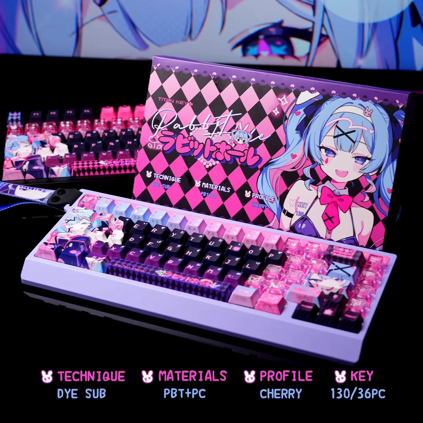 Anime Rabbit Hole Keycap Set – Translucent Cherry Profile PBT+PC Keycaps for Mechanical Gaming Keyboards