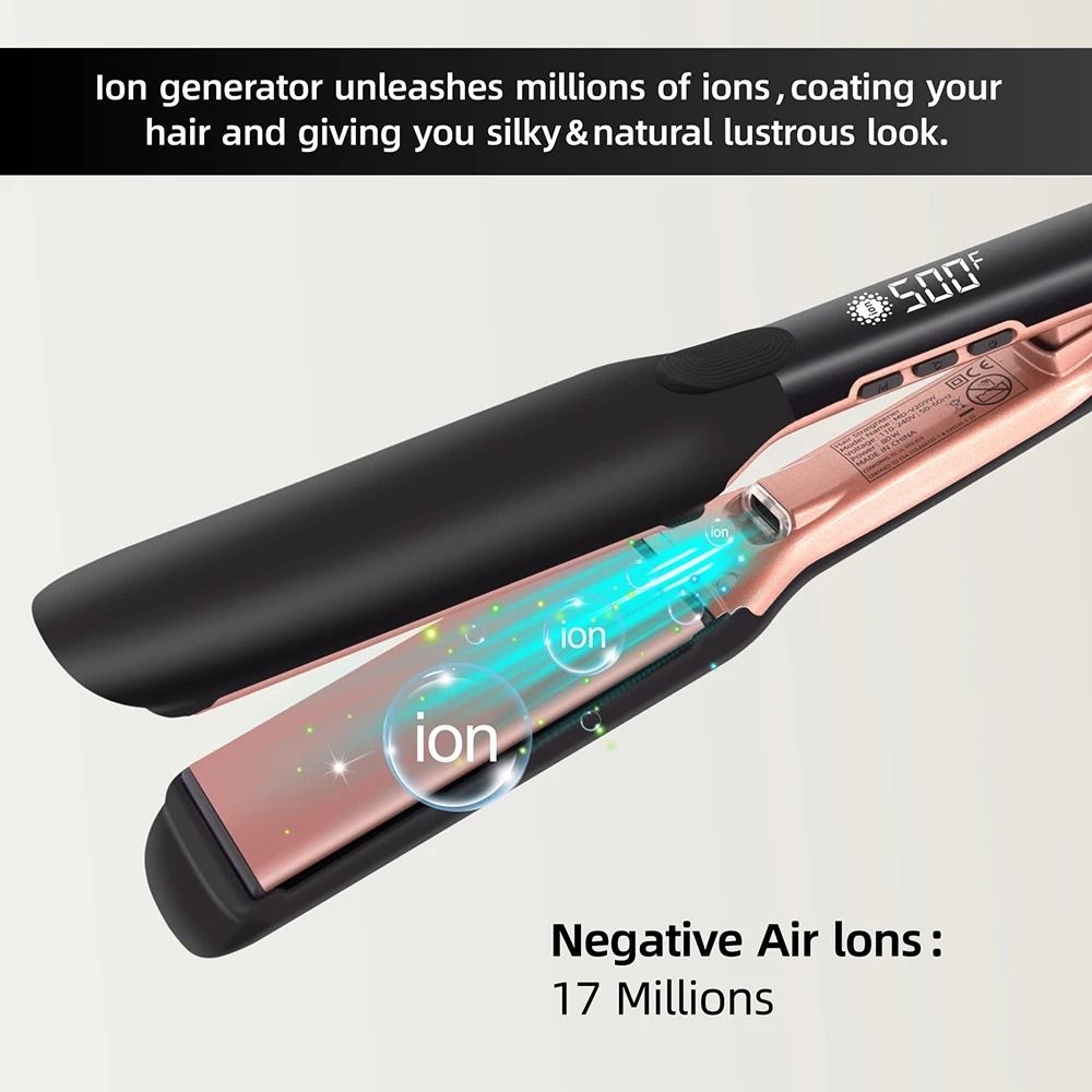 500F Hair Straightener Wide Plate Plasma Ion Flat Iron for Keratin Treatment and Frizz Repair