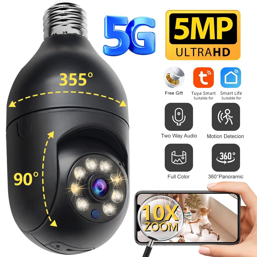5MP E27 Smart Bulb Security Camera with 360° Human Tracking & Full-Color Night Vision