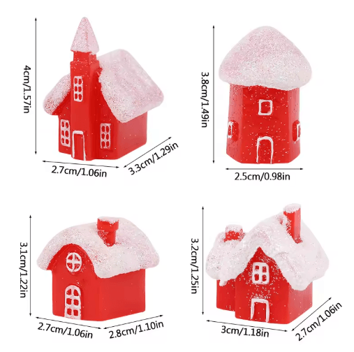 4-Piece Christmas Village Miniature Houses – Snowy Resin Red House Holiday Decor Set