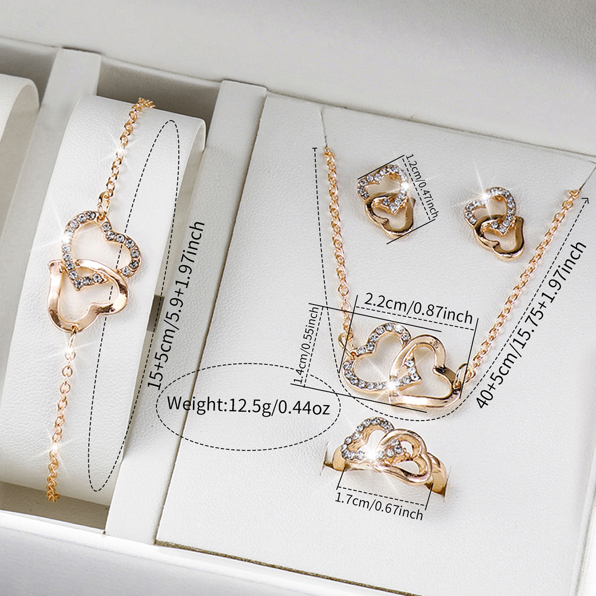 Ladies Fashion Luxury Three Eyes Dial Wristwatch, Full Diamond Alloy Strap with Heart Jewelry Set