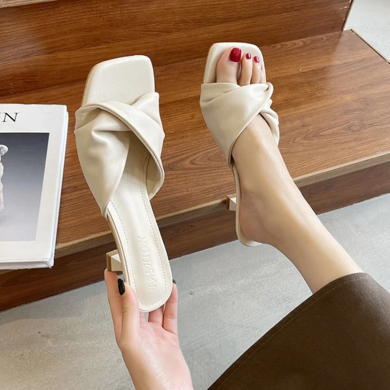 New Fashion Summer Handmade Women Shoes High Heels Square Open Toe Slippers Apricot Off White