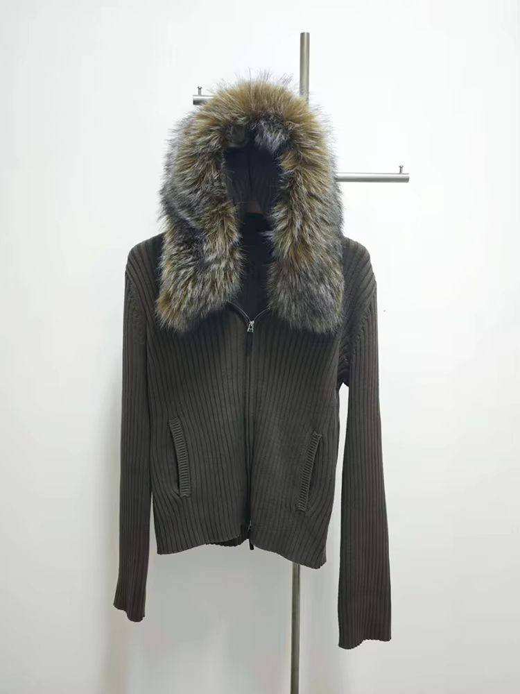 Military Green Oversized Fur Collar Jacket with Hooded Zip Knit Sweater Coat for Women