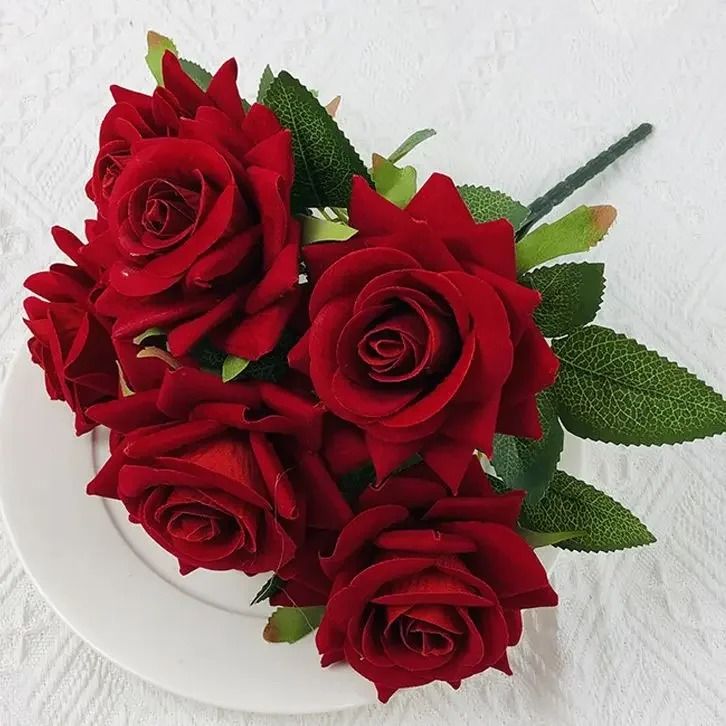 Velvet Artificial Flower Rose Bouquet Red 7 Heads Fake Rose Decorative Floral Home Decor