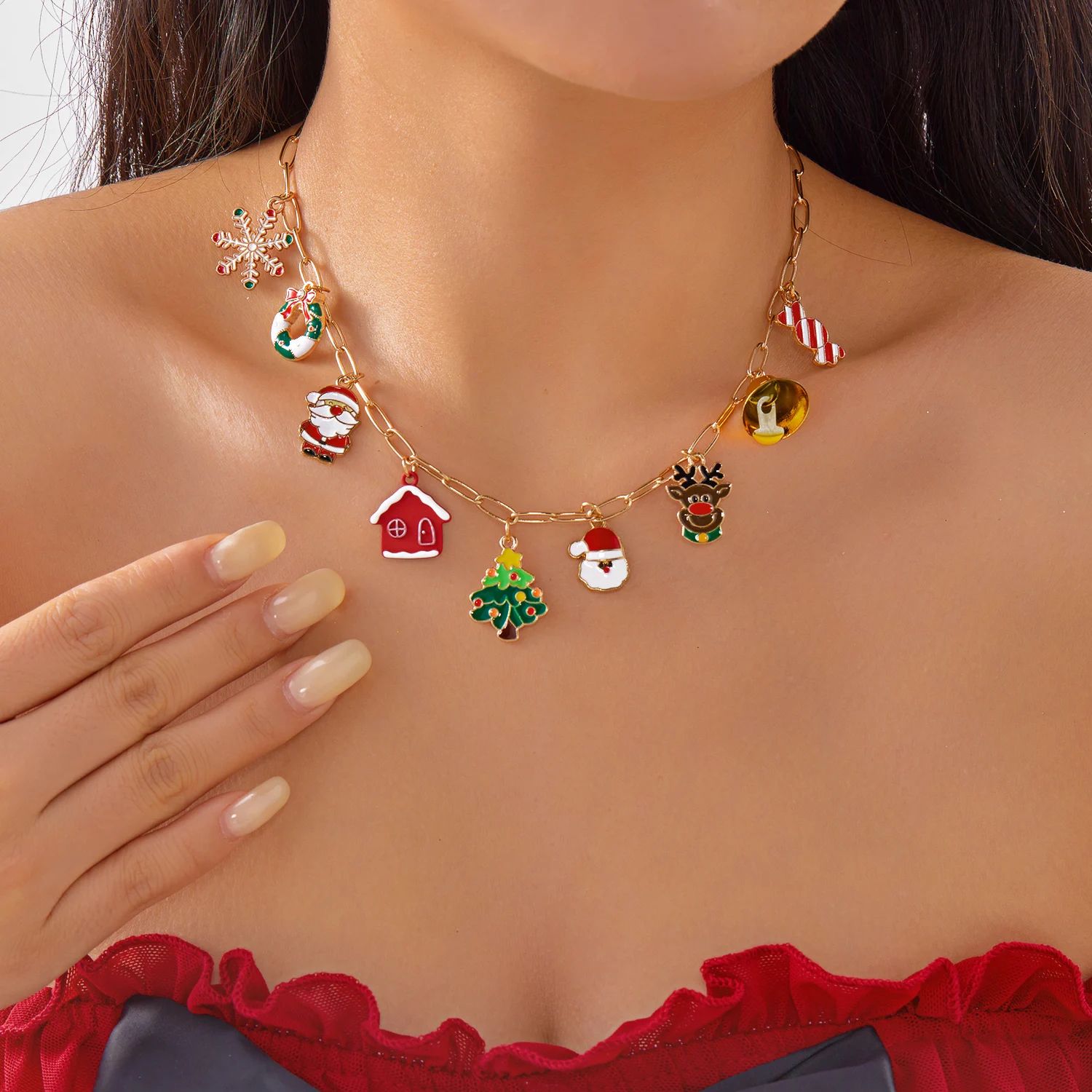 Rhinestone Christmas Tree Snowflake Pendant Necklace