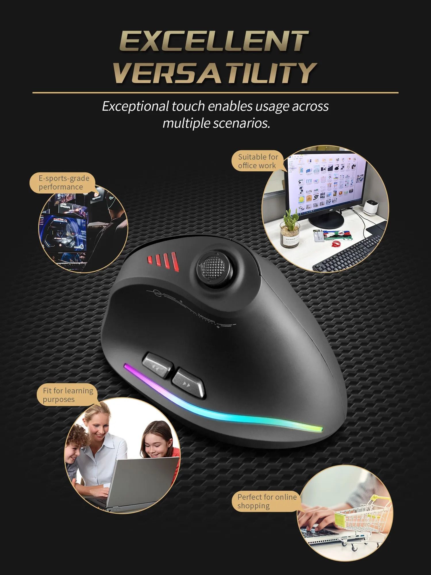 ZELOTES F18 Vertical Ergonomic Wireless Gaming Mouse with Bluetooth High DPI Control