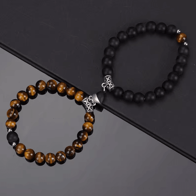 LavaLove 2-Pcs Beaded Couple Bracelets Set – Natural Stone Heart Magnetic Distance Bracelets Gift