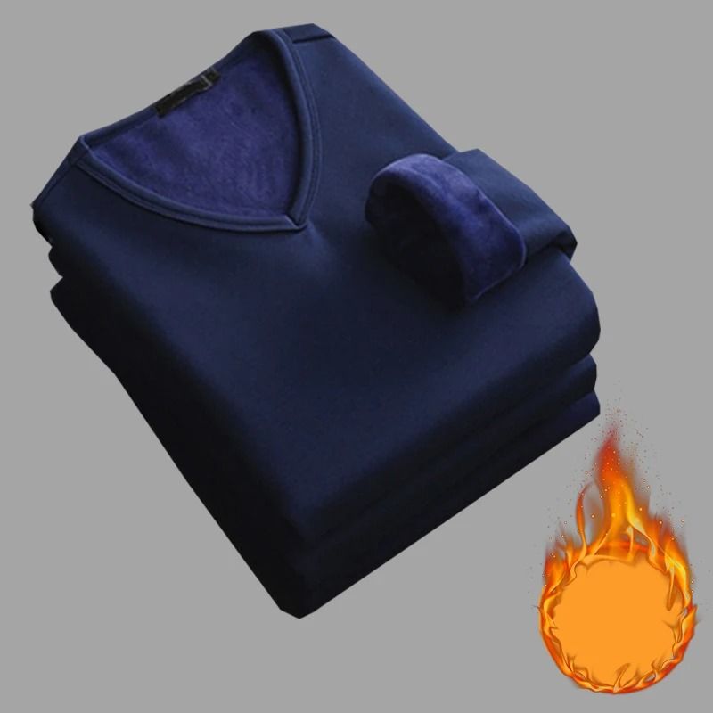 Mens V Neck Thermal Shirt Fleece Lined Winter Base Layer Top