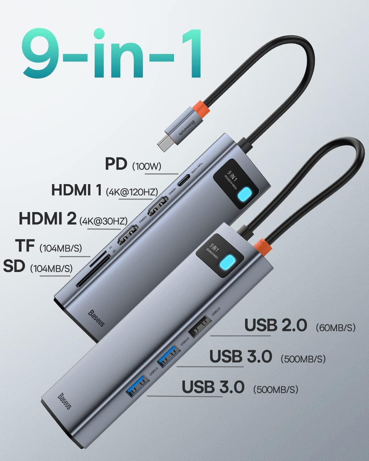 Baseus USB-C Hub 7in1 Adapter 4K 60Hz HDMI, 100W PD Charging Ethernet & USB 3.0 for MacBook and Laptop