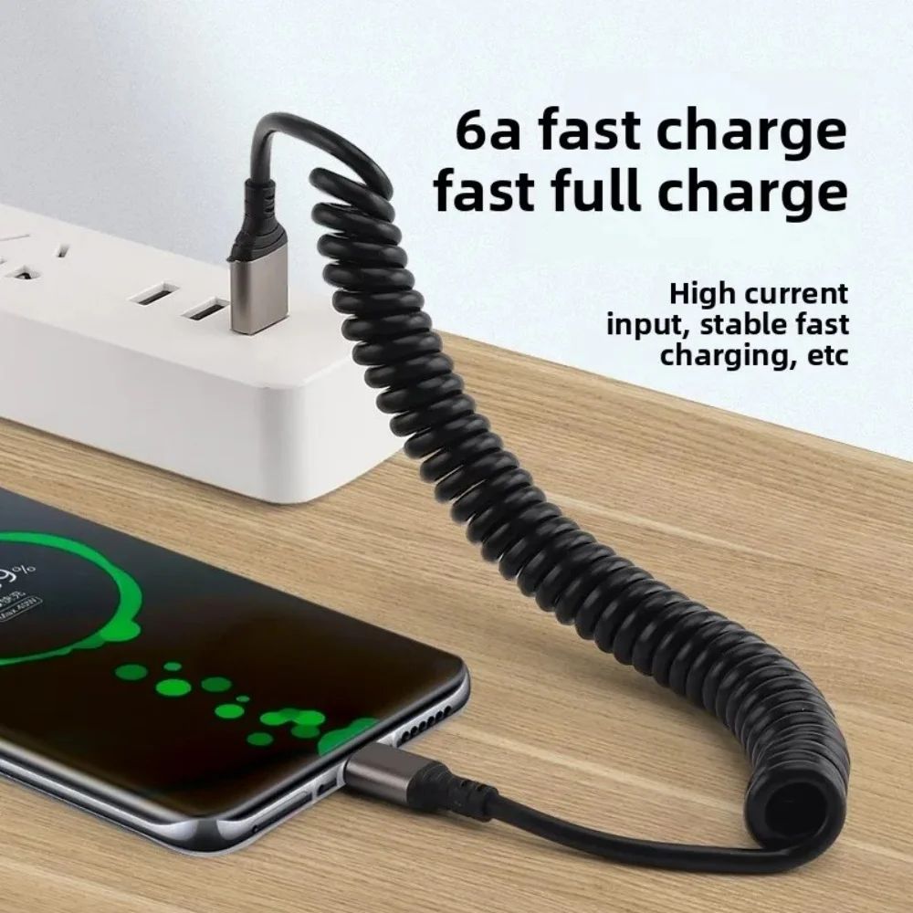66W Fast Charging Retractable USB-C Cable – PD Type-C Spring Charger Cord