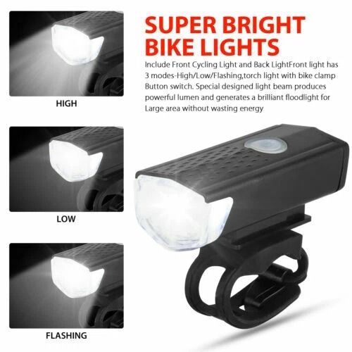 Bicycle Headlight Bike LED, USB Rechargeable Front Rear Lamp, Waterproof Cycling Light