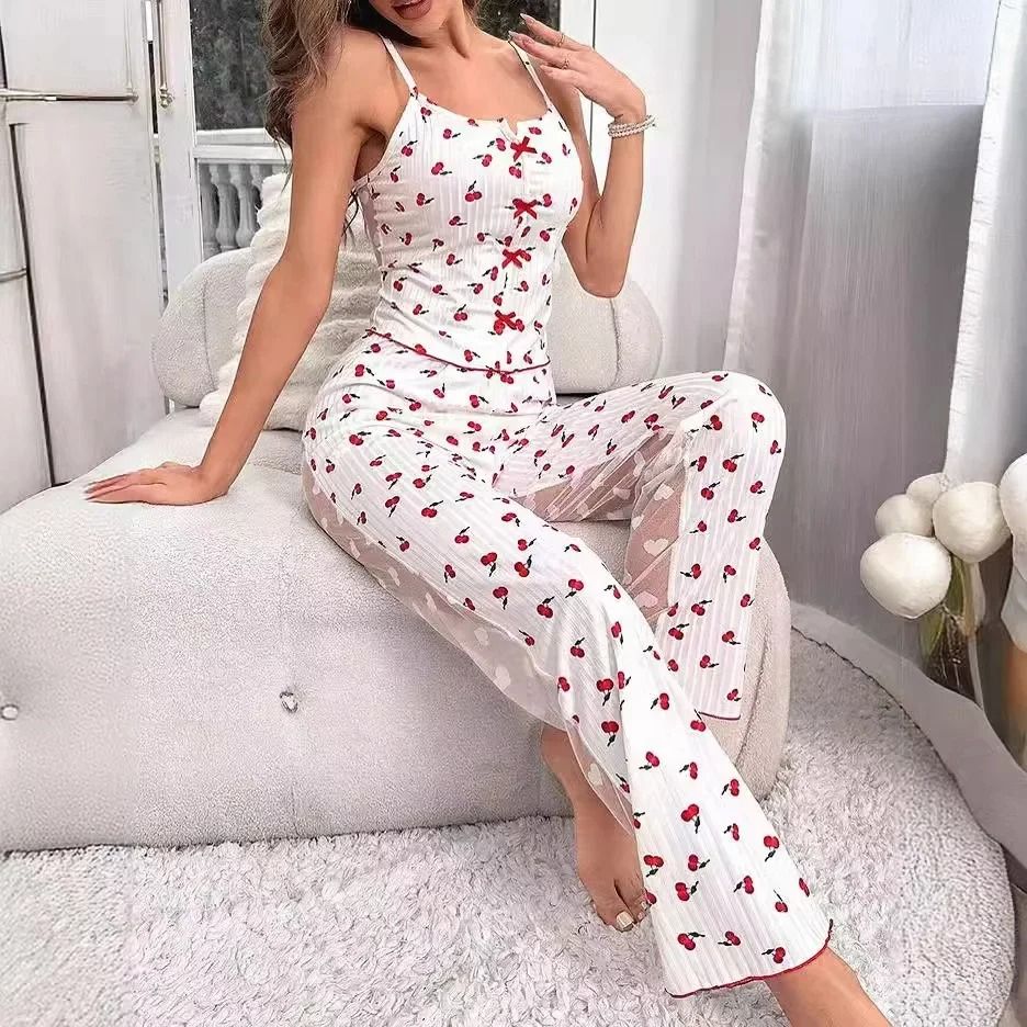 Womens Sheer Mesh Lace Two Piece Pajama Set With Ribbed Strap Top And Pants
