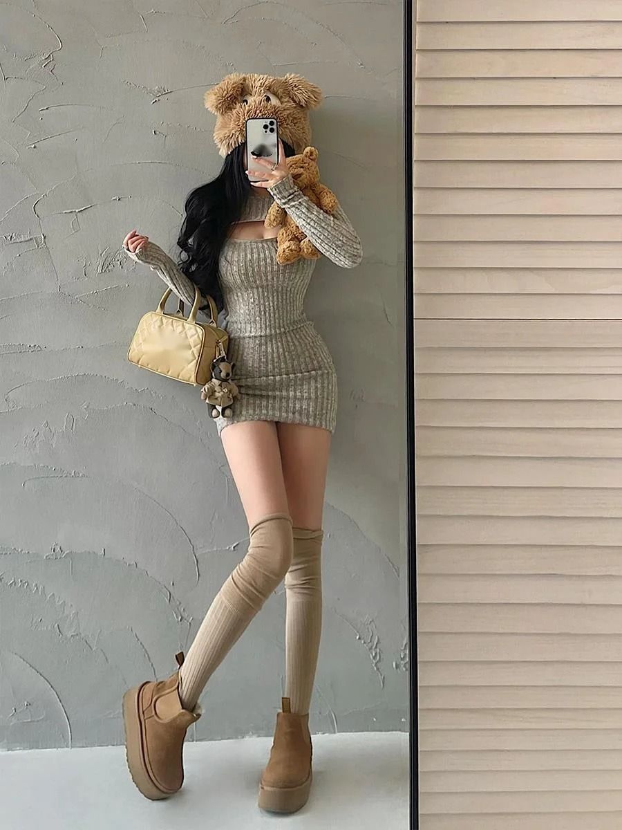 WOMENGAGA Knitted Sweater Dress Long Sleeve Zip Front Bodycon Mini Dress