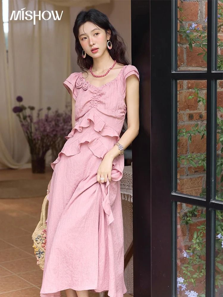 MISHOW Pink Summer V Neck Dress Flying Sleeve Holiday Dress for Women