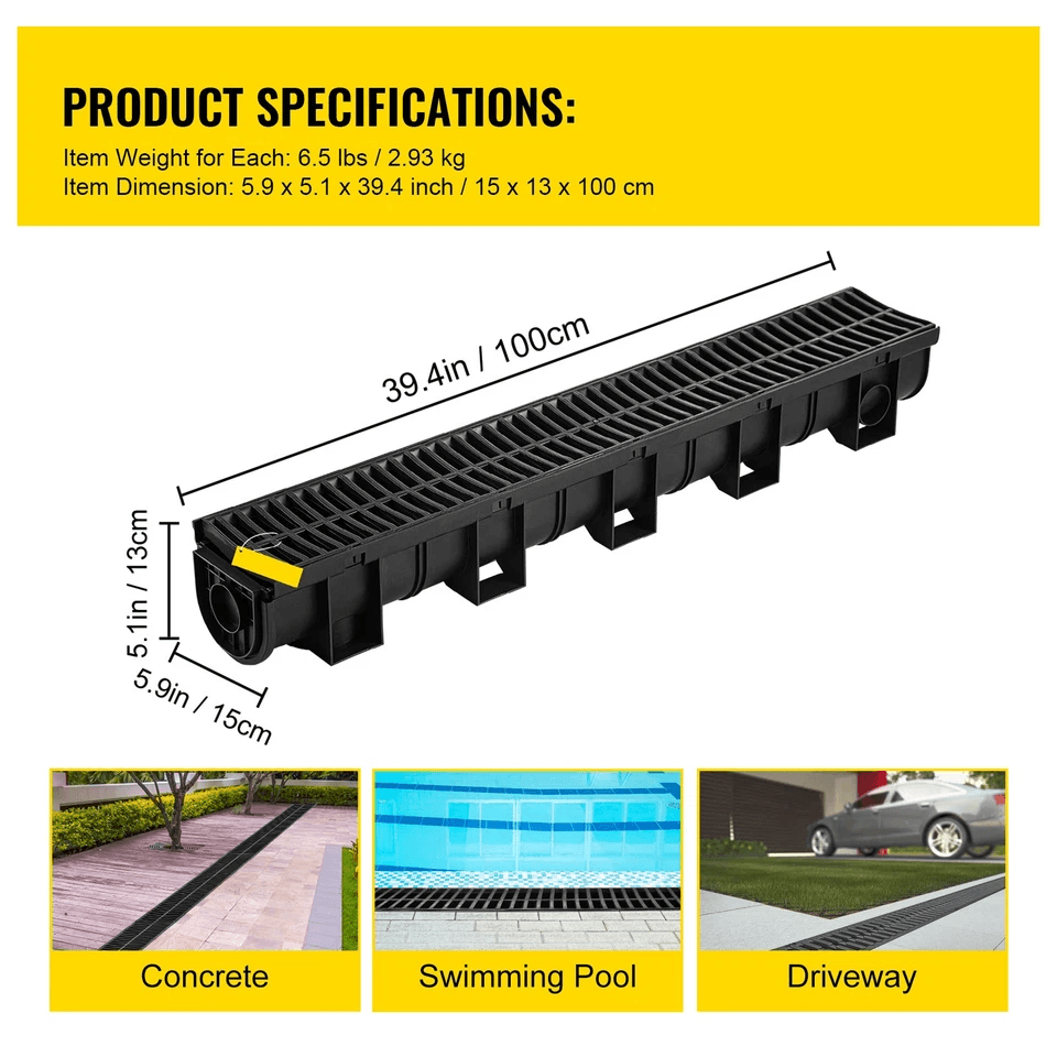 Driveway Channel Drain Kit, Plastic Grate Trench Drainage System