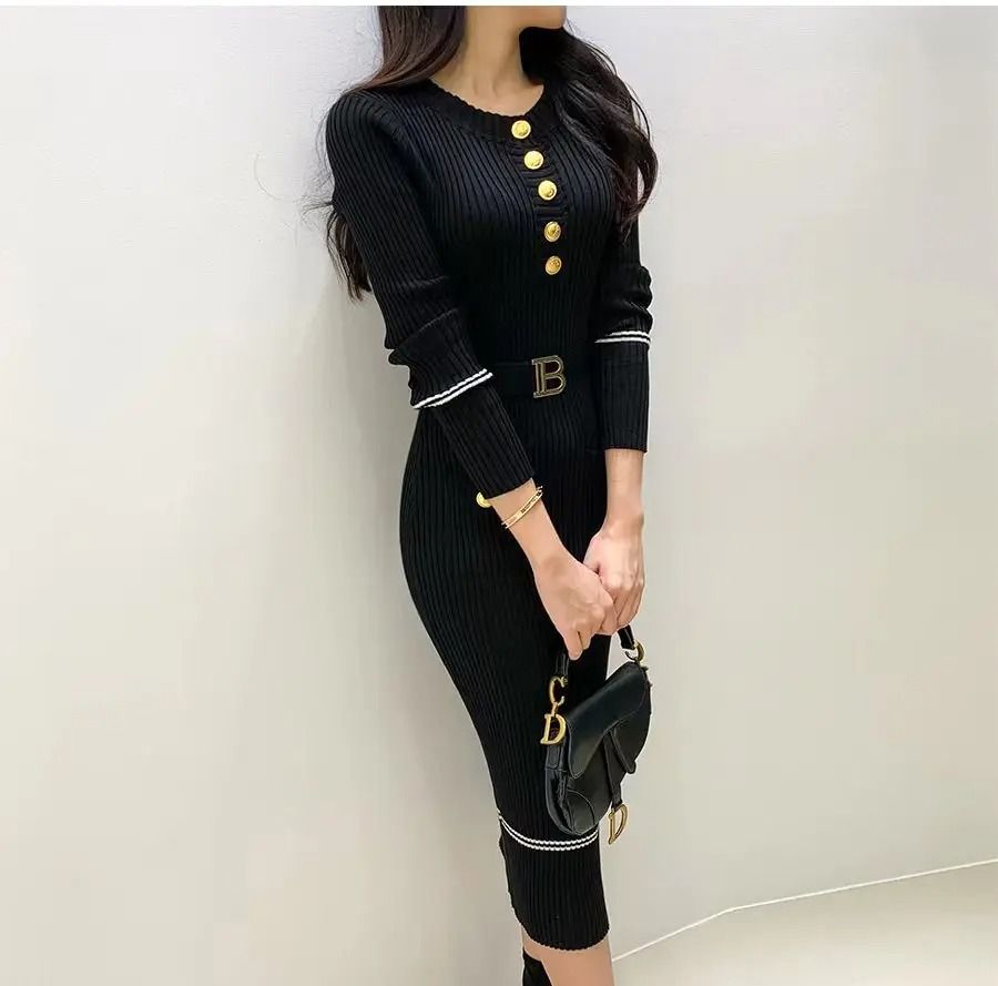 French Style Celebrity Temperament Round Collar Slim Bottom Wrap Hip Autumn Winter Dress