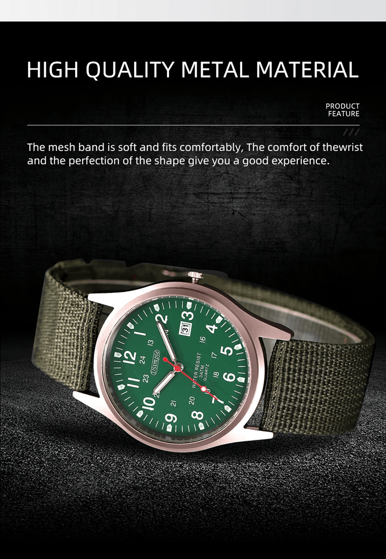 Mens Military Quartz Watch Luminous Nylon Strap Calendar Style