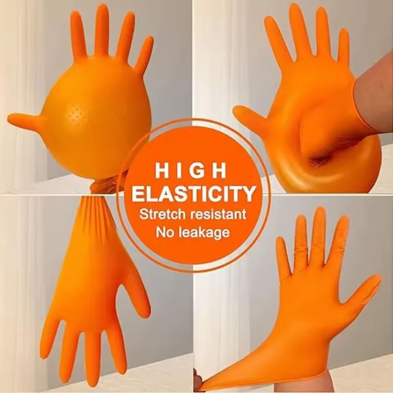 Heavy Duty Orange Nitrile Disposable Work Gloves With Diamond Grip