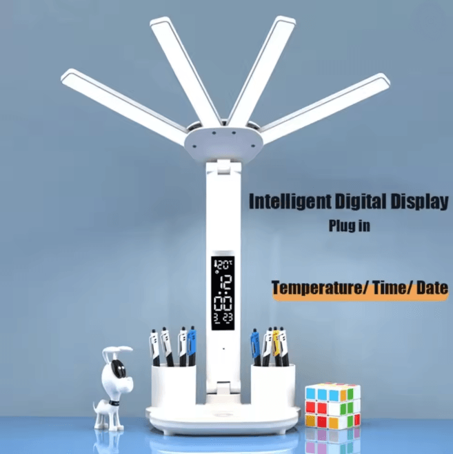 Multifunction LED Desk Lamp with Fan Clock and USB Charging Folding Table Light