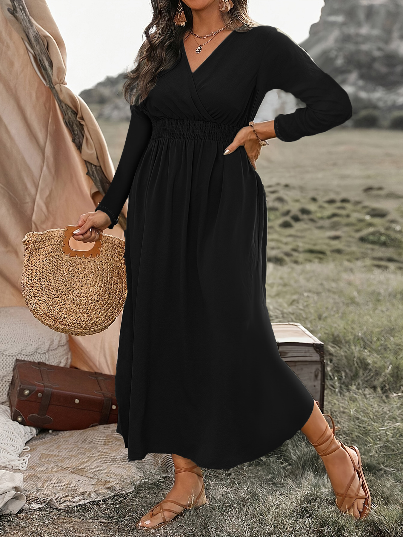Fashion V-Neck Plus Size Tunic Long Sleeve Dress for Autumn