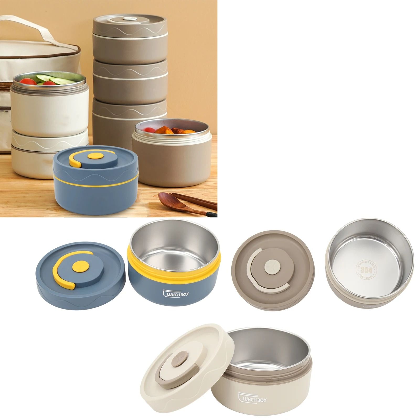 Stainless Steel Thermal Lunch Box Double Layer Round Portable Food Container for Work and School
