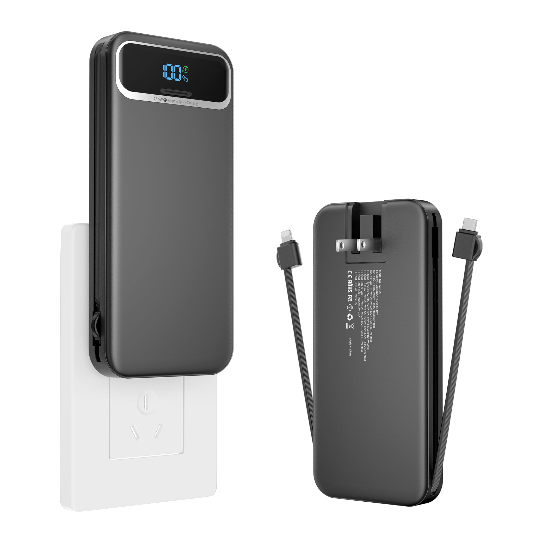 Ultra Thin 12000mAh Fast Charging Power Bank with Built In Cables and AC Plug