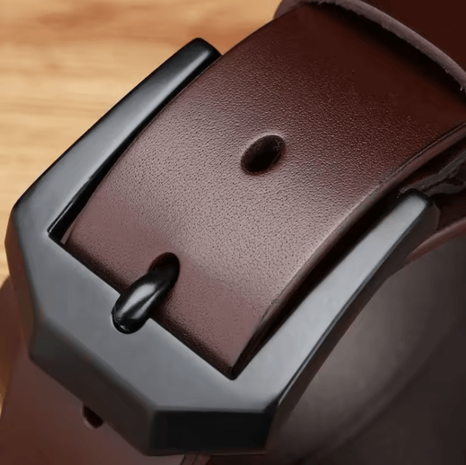 Classic Mens Leather Belt with Copper Needle Buckle Business Casual Style