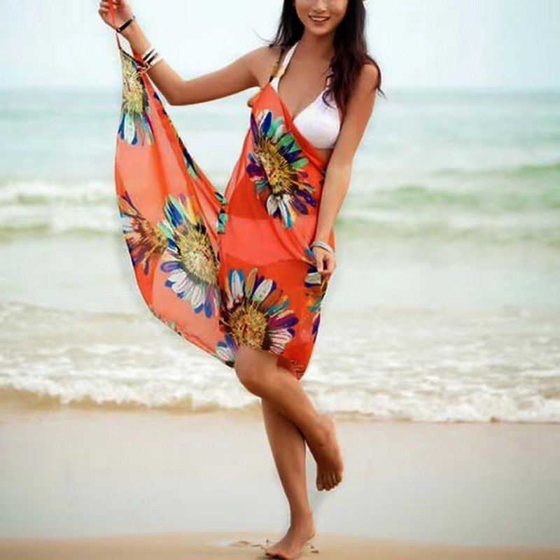 Open-Back Swimwear, Women Halter Sling Chiffon Beach Towel, Bikini Wrap Pareo Skirts for Beach Holidays